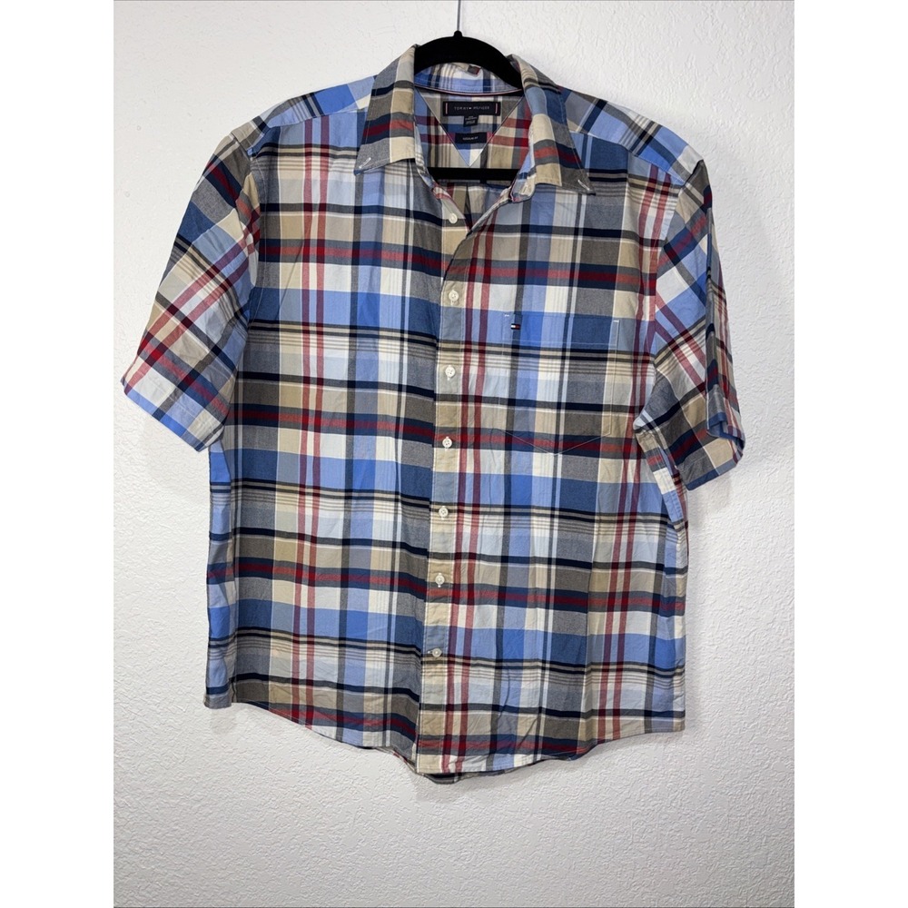 Tommy Hilfiger Mens Multicolor Plaid Oxford Shirt Size 2XL Flag Logo Button Down